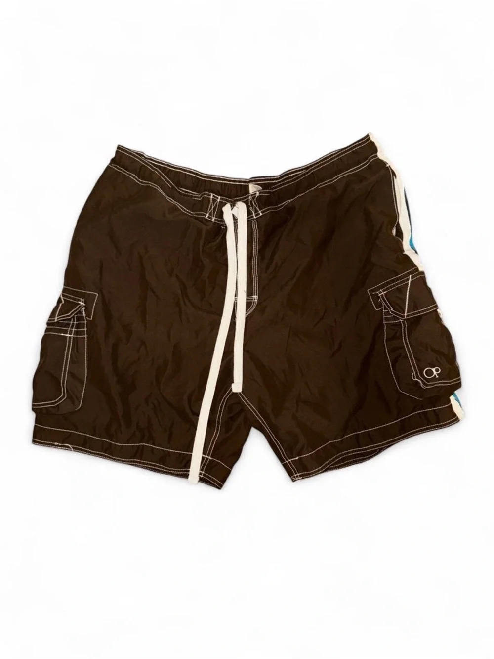 Vintage Y2K OP Men's Brown Swim Trunks with White and Blue Stripes